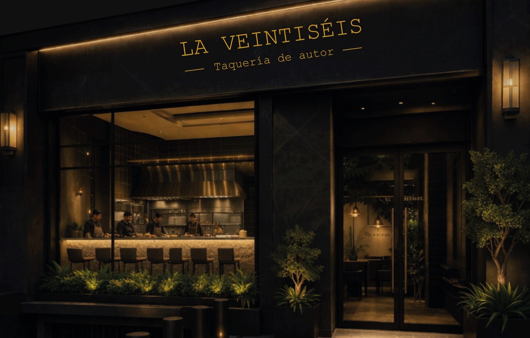 Fachada de La Veintiséis de noche, con el letrero dorado encendido